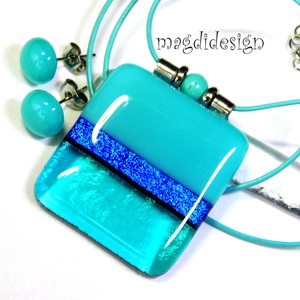 Türkiz-kék színtrió üvegékszer szett nyaklánc stiftes fülbevaló 2 - ékszer - ékszerszett - Meska.hu