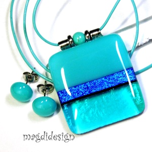 Türkiz-kék színtrió üvegékszer szett nyaklánc stiftes fülbevaló 2 - ékszer - ékszerszett - Meska.hu