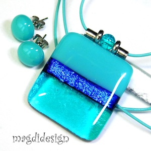 Türkiz-kék színtrió üvegékszer szett nyaklánc stiftes fülbevaló 3, Ékszer, Ékszerszett, Ékszerkészítés, Üvegművészet, MESKA