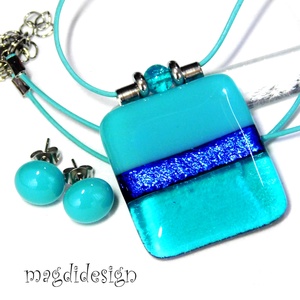Türkiz-kék színtrió üvegékszer szett nyaklánc stiftes fülbevaló 3 - ékszer - ékszerszett - Meska.hu