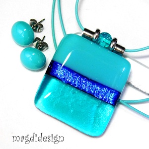 Türkiz-kék színtrió üvegékszer szett nyaklánc stiftes fülbevaló 3 - ékszer - ékszerszett - Meska.hu