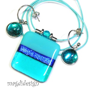 Türkiz-kék színtrió üvegékszer szett nyaklánc stiftes fülbevaló 3 - ékszer - ékszerszett - Meska.hu