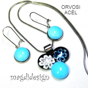 Fekete-kék bogyós színtrió üvegékszer szett nyaklánc lógós fülbevaló - ékszer - ékszerszett - Meska.hu