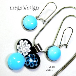 Fekete-kék bogyós színtrió üvegékszer szett nyaklánc lógós fülbevaló - ékszer - ékszerszett - Meska.hu