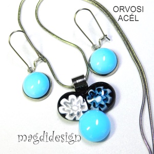 Fekete-kék bogyós színtrió üvegékszer szett nyaklánc stiftes fülbevaló - ékszer - ékszerszett - Meska.hu