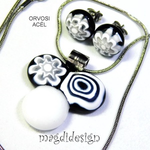 Fekete-fehér bogyós színtrió üvegékszer szett nyaklánc stiftes fülbevaló 3, Ékszer, Ékszerszett, Ékszerkészítés, Üvegművészet, MESKA