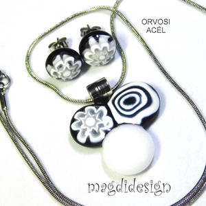 Fekete-fehér bogyós színtrió üvegékszer szett nyaklánc stiftes fülbevaló 3 - ékszer - ékszerszett - Meska.hu