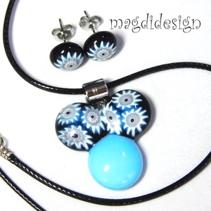 Fekete-kék bogyós színtrió üvegékszer szett nyaklánc stiftes fülbevaló - ékszer - ékszerszett - Meska.hu