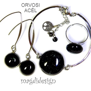 Fekete aventurin üvegékszer szett, karkötő, gyűrű, lógós fülbevaló - Meska.hu