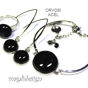 Fekete aventurin üvegékszer szett, karkötő, gyűrű, lógós fülbevaló - ékszer - ékszerszett - Meska.hu