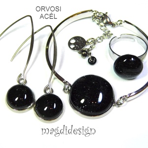Fekete aventurin üvegékszer szett, karkötő, gyűrű, lógós fülbevaló - ékszer - ékszerszett - Meska.hu