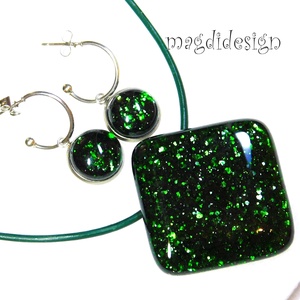 Zöld aventurin csillogás üvegékszer szett, nyaklánc, lógós fülbevaló - ékszer - ékszerszett - Meska.hu