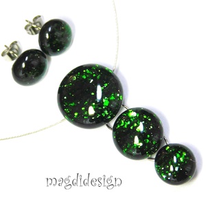 Zöld aventurin csillogás üvegékszer szett, nyaklánc, stiftes fülbevaló - Meska.hu