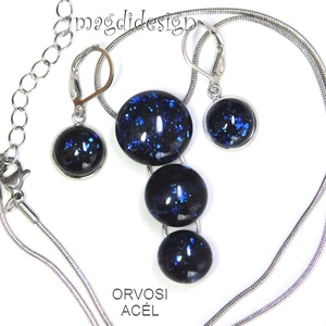 Kék aventurin csillogás üvegékszer szett, nyaklánc, kapcsos fülbevaló - ékszer - ékszerszett - Meska.hu