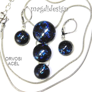 Kék aventurin csillogás üvegékszer szett, nyaklánc, kapcsos fülbevaló - ékszer - ékszerszett - Meska.hu