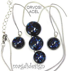 Kék aventurin csillogás üvegékszer szett, nyaklánc, lógós fülbevaló - ékszer - ékszerszett - Meska.hu