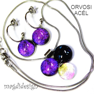 Pinkes dichroic bogyós színtrió üvegékszer szett nyaklánc lógós fülbevaló - Meska.hu