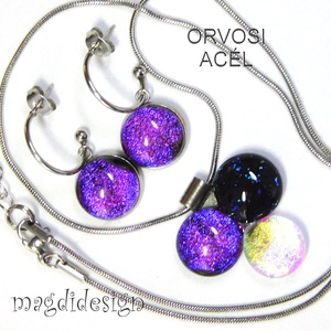 Pinkes dichroic bogyós színtrió üvegékszer szett nyaklánc lógós fülbevaló - ékszer - ékszerszett - Meska.hu