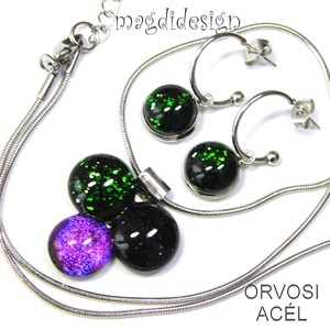 Pinkes dichroic bogyós színtrió üvegékszer szett nyaklánc lógós fülbevaló - ékszer - ékszerszett - Meska.hu