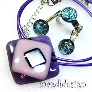 Lila rombuszok üvegékszer szett, nyaklánc, gyűrű, kapcsos fülbevaló  - ékszer - ékszerszett - Meska.hu