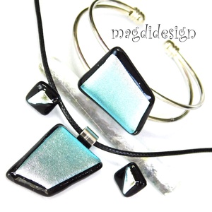 Ezüst dichroic üvegékszer szett nyaklánc, karkötő, stiftes fülbevaló  - Meska.hu