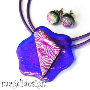 Lila-kék színváltós dichroic üvegékszer szett nyaklánc, stiftes fülbevaló  - ékszer - ékszerszett - Meska.hu
