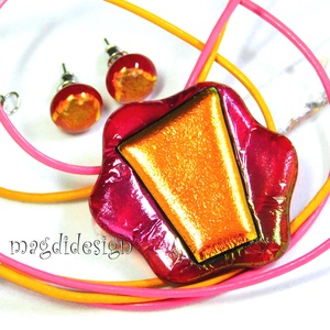 Narancs-pink színváltós dichroic üvegékszer szett nyaklánc, stiftes fülbevaló  - Meska.hu