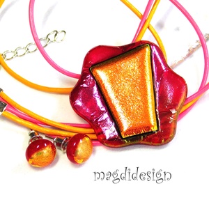 Narancs-pink színváltós dichroic üvegékszer szett nyaklánc, stiftes fülbevaló  - ékszer - ékszerszett - Meska.hu