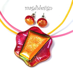 Narancs-pink színváltós dichroic üvegékszer szett nyaklánc, stiftes fülbevaló  - ékszer - ékszerszett - Meska.hu