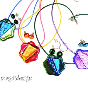 Kék zöld színjáték dichroic üvegékszer szett nyaklánc, lógós fülbevaló  - ékszer - ékszerszett - Meska.hu