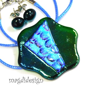 Kék zöld színjáték dichroic üvegékszer szett nyaklánc, stiftes fülbevaló  - ékszer - ékszerszett - Meska.hu