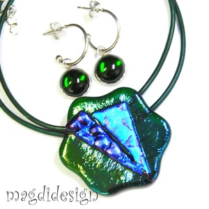 Kék zöld színjáték dichroic üvegékszer szett nyaklánc, lógós fülbevaló  - ékszer - ékszerszett - Meska.hu