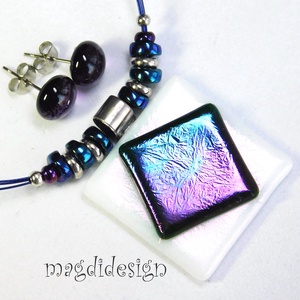 Bíbor-kék fehéren üvegékszer szett nyaklánc 2 pár fülbevaló  - ékszer - ékszerszett - Meska.hu