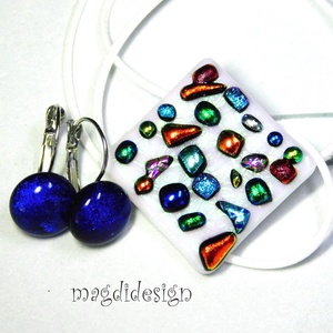 Színes dichroic kavicsok fehéren üvegékszer szett nyaklánc kapcsos fülbevaló , Ékszer, Ékszerszett, Ékszerkészítés, Üvegművészet, MESKA