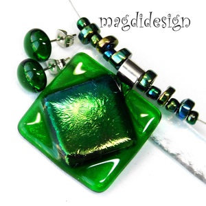 Kék-zöld eozin smaragdon üvegékszer szett nyaklánc stiftes fülbevaló  - Meska.hu