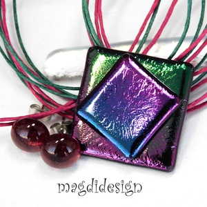 Bíbor-kék-zöld eozin üvegékszer szett nyaklánc stiftes fülbevaló  - Meska.hu