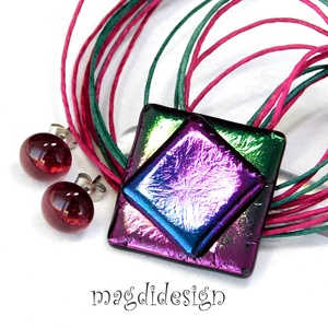 Bíbor-kék-zöld eozin üvegékszer szett nyaklánc stiftes fülbevaló  - ékszer - ékszerszett - Meska.hu