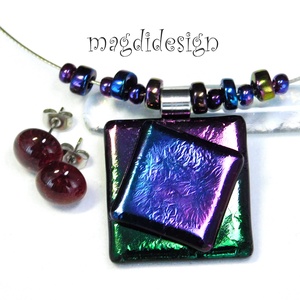 Bíbor-kék-zöld eozin üvegékszer szett nyaklánc stiftes fülbevaló  - Meska.hu