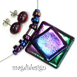 Bíbor-kék-zöld eozin üvegékszer szett nyaklánc stiftes fülbevaló  - ékszer - ékszerszett - Meska.hu