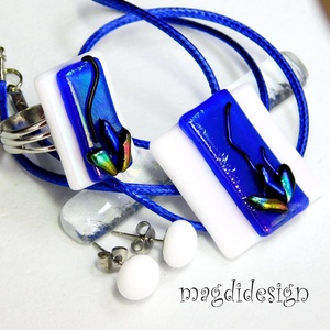 Exkluzív kék-fehér kontraszt üvegékszer szett nyaklánc gyűrű fülbevaló - ékszer - ékszerszett - Meska.hu