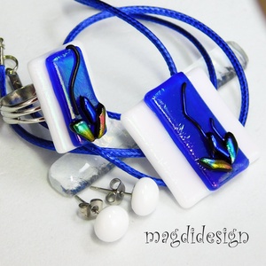Exkluzív kék-fehér kontraszt üvegékszer szett nyaklánc fülbevaló - ékszer - ékszerszett - Meska.hu