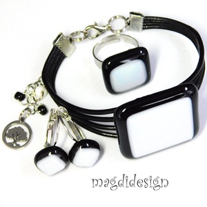 Fekete fehér kocka üvegékszer szett, karkötő, gyűrű, kapcsos fülbevaló - ékszer - ékszerszett - Meska.hu