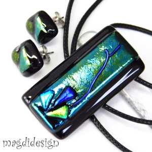 Exkluzív fekete türkiz üvegékszer szett nyaklánc maxi kapcsos fülbevaló - ékszer - ékszerszett - Meska.hu