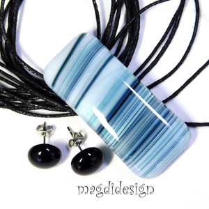 Fekete- fehér-szürke csíkos üvegékszer szett, nyaklánc, stiftes fülbevaló - ékszer - ékszerszett - Meska.hu