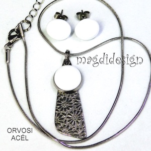 Virágos hófehér üvegékszer szett nyaklánc, pötty fülbevaló - ékszer - ékszerszett - Meska.hu