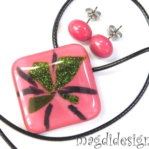 Málnabokor üvegékszer szett, nyaklánc, stiftes fülbevaló   - Meska.hu