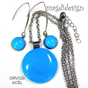 MAXI Középkék minimál design üvegékszer szett, nyaklánc, lógós fülbevaló  - ékszer - ékszerszett - Meska.hu