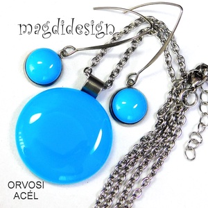 MAXI Középkék minimál design üvegékszer szett, nyaklánc, lógós fülbevaló  - ékszer - ékszerszett - Meska.hu