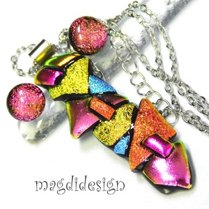 MAXI Szines  borzaska dichroic üvegékszer szett nyaklánc stiftes fülbevaló - ékszer - ékszerszett - Meska.hu