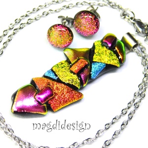 MAXI Szines  borzaska dichroic üvegékszer szett nyaklánc stiftes fülbevaló, Ékszer, Ékszerszett, Ékszerkészítés, Üvegművészet, MESKA